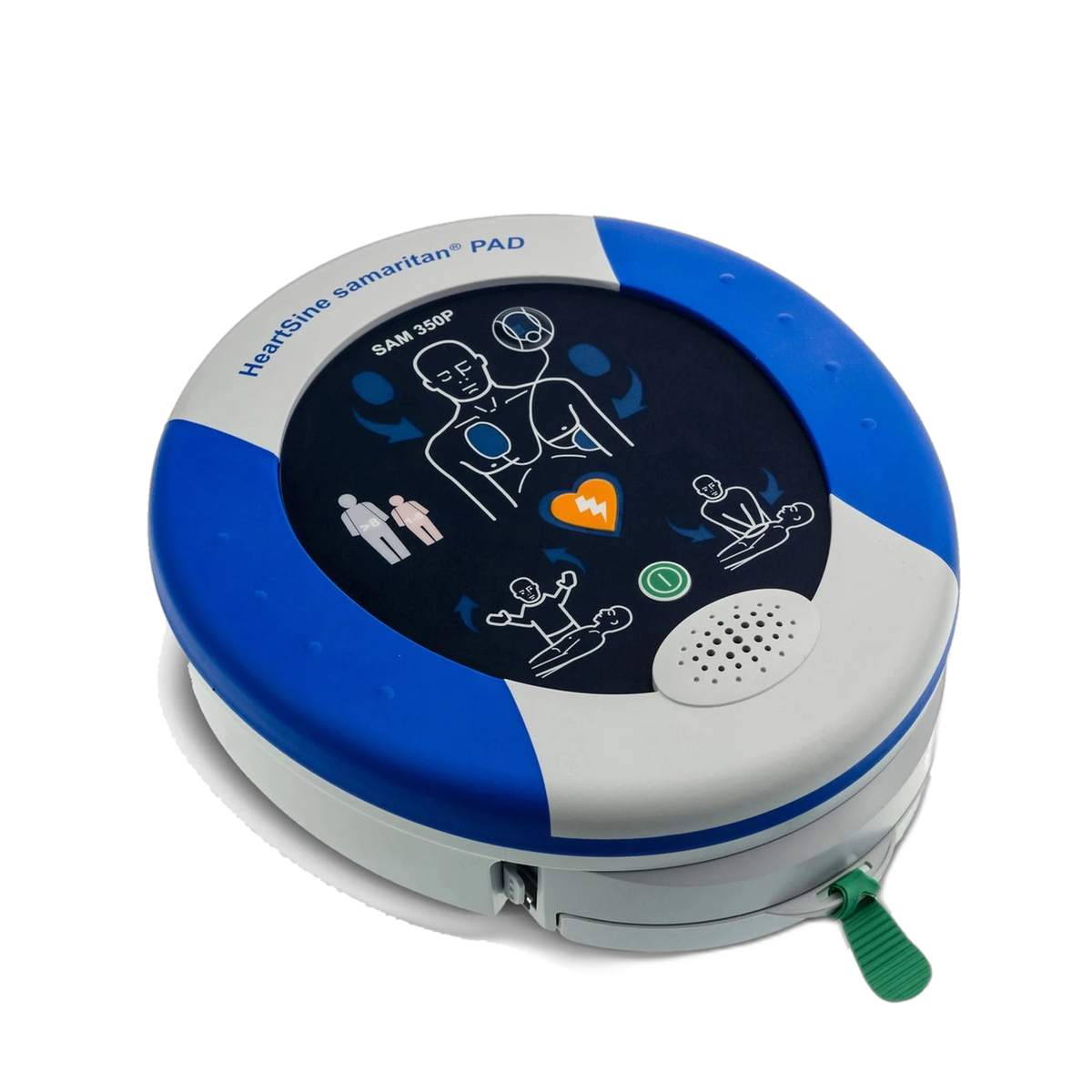 HeartSine samaritan PAD 350P AED, top view with rescue instructions