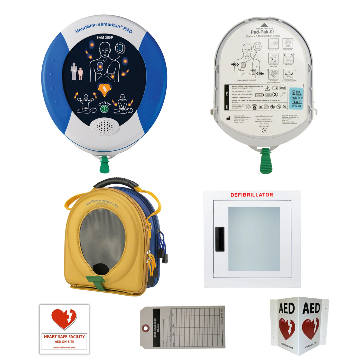 HeartSine Samaritan PAD 350P AED value package contents grid: round defibrillator, Pad-Pak-01 battery and pad cartridge, carrying case, wall cabinet, Heart Safe Facility decal, inspection tag, and AED wall sign