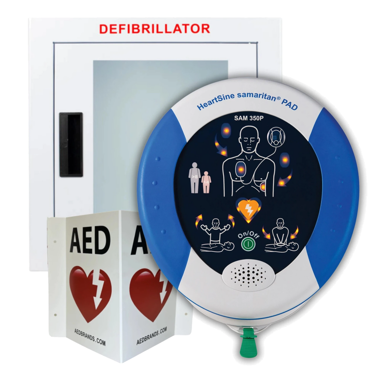 HeartSine Samaritan PAD 350P AED value package, round white and blue defibrillator with illustrated pad-placement graphics on its face, in front of a wall-mounted Defibrillator cabinet and AED wall sign