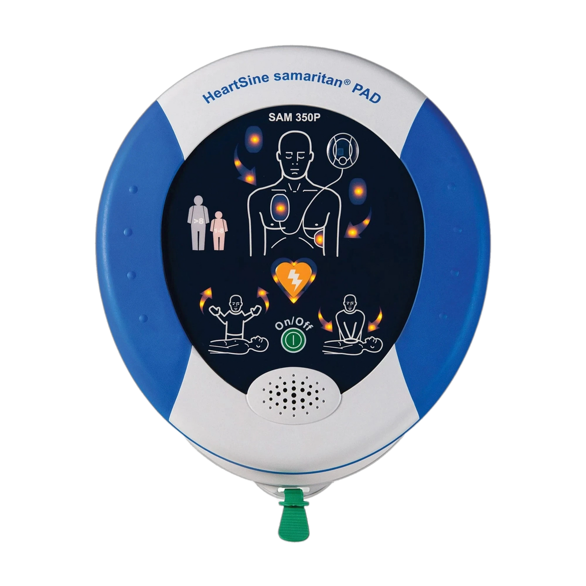 HeartSine Samaritan 350P AED front view with pictogram rescue instructions