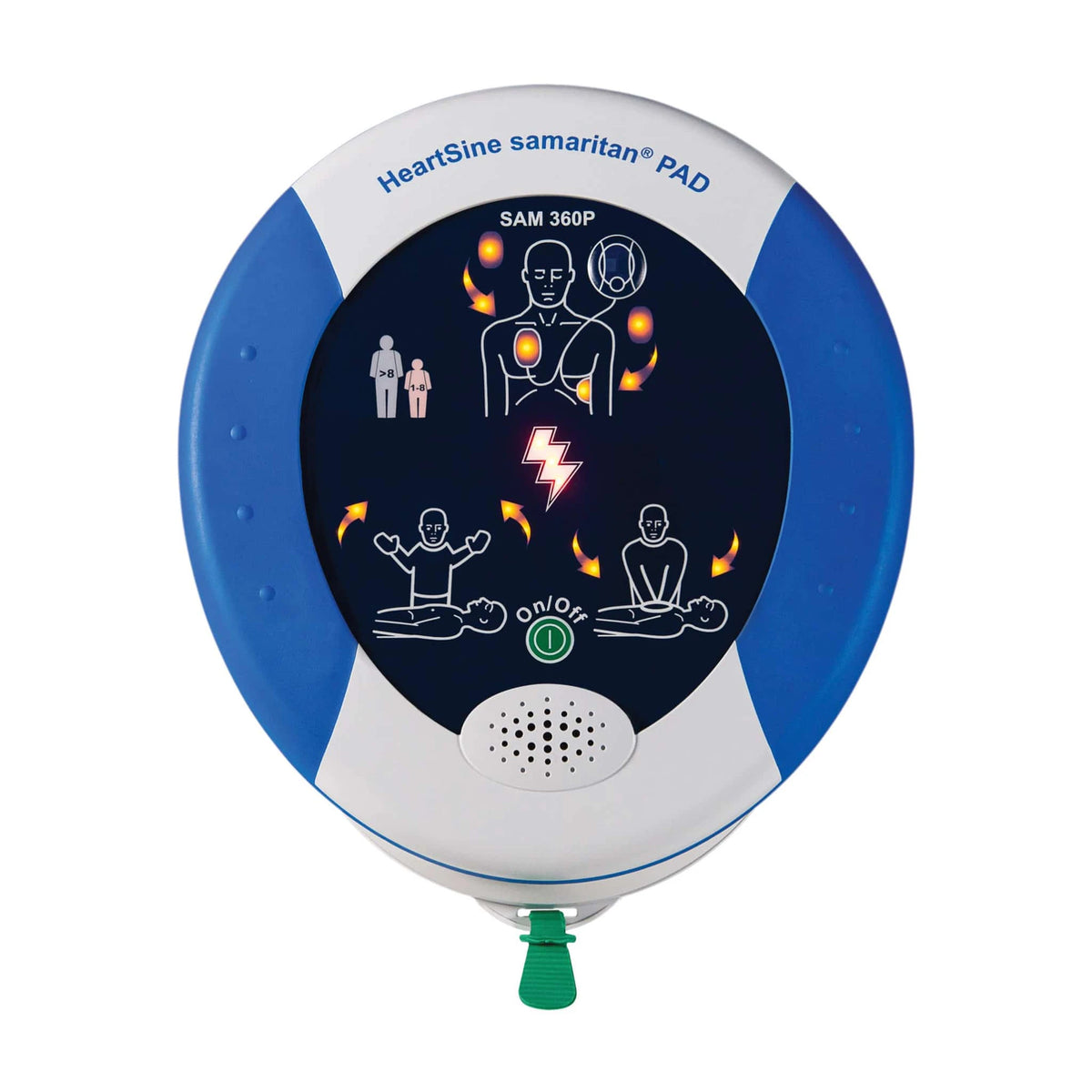 HeartSine Samaritan 360P AED front view with pictogram rescue instructions, no shock button