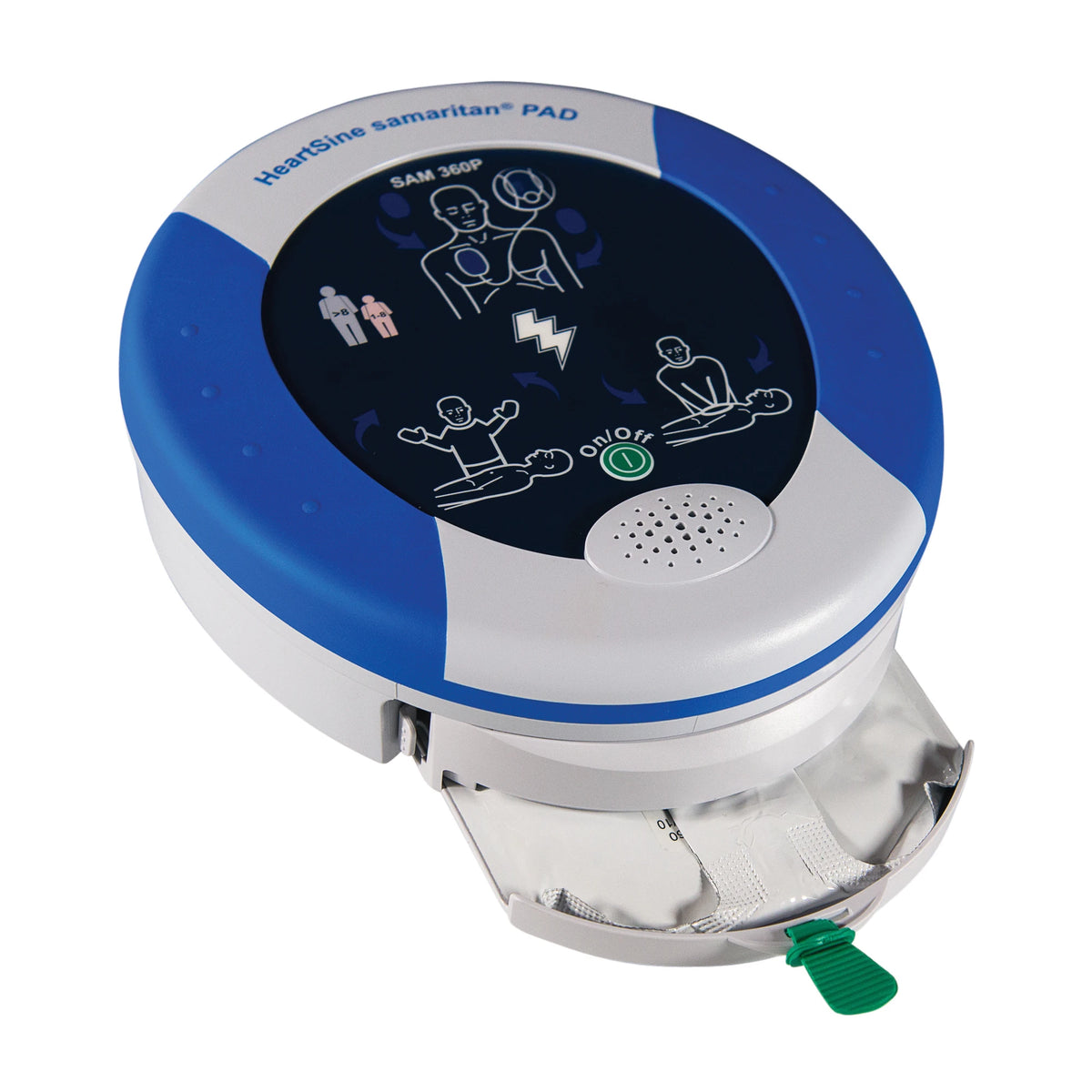 HeartSine Samaritan 360P AED with the Pad-Pak cavity open, showing the folded electrode pad