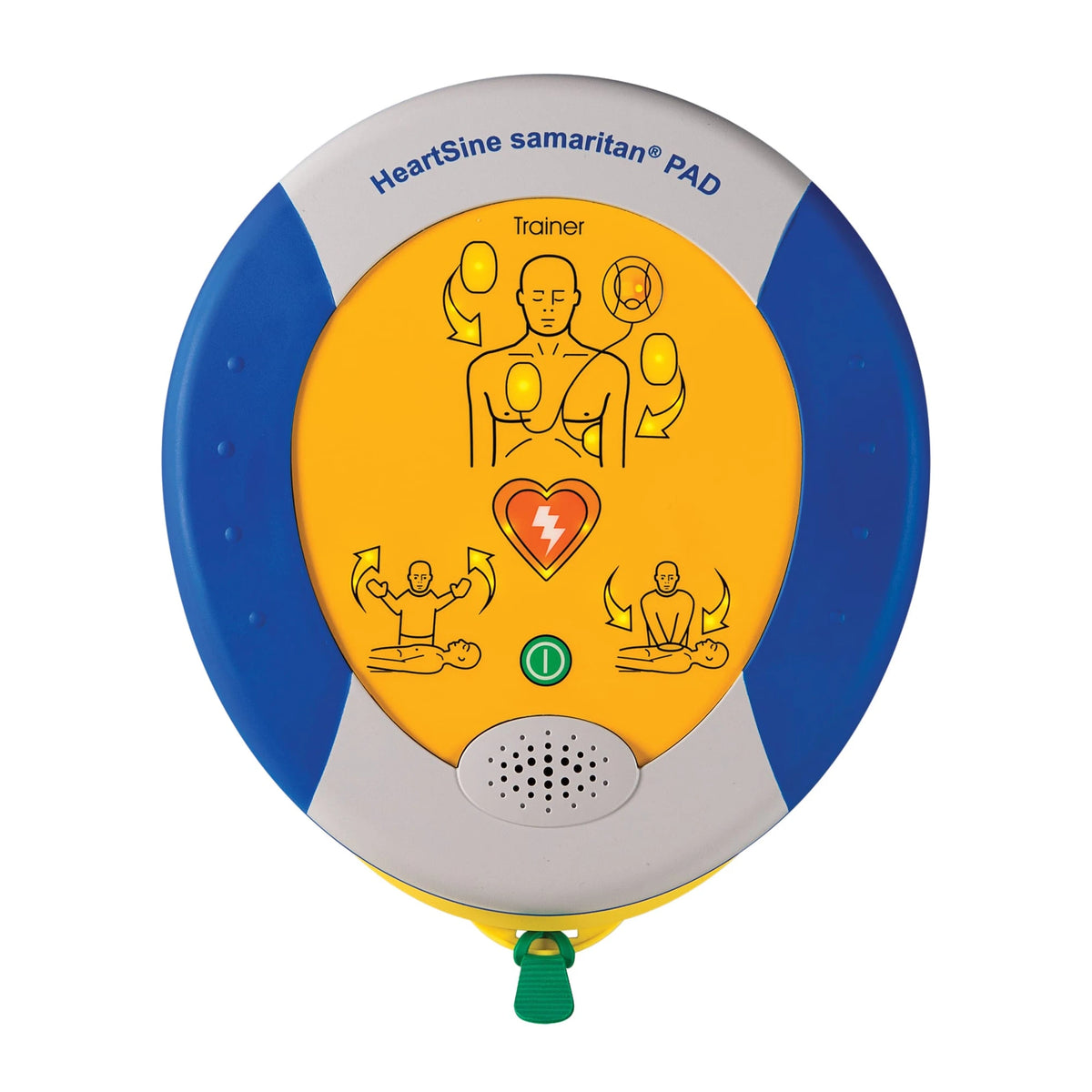 HeartSine 350P Training System top-down view of the round trainer unit with power button and speaker grille