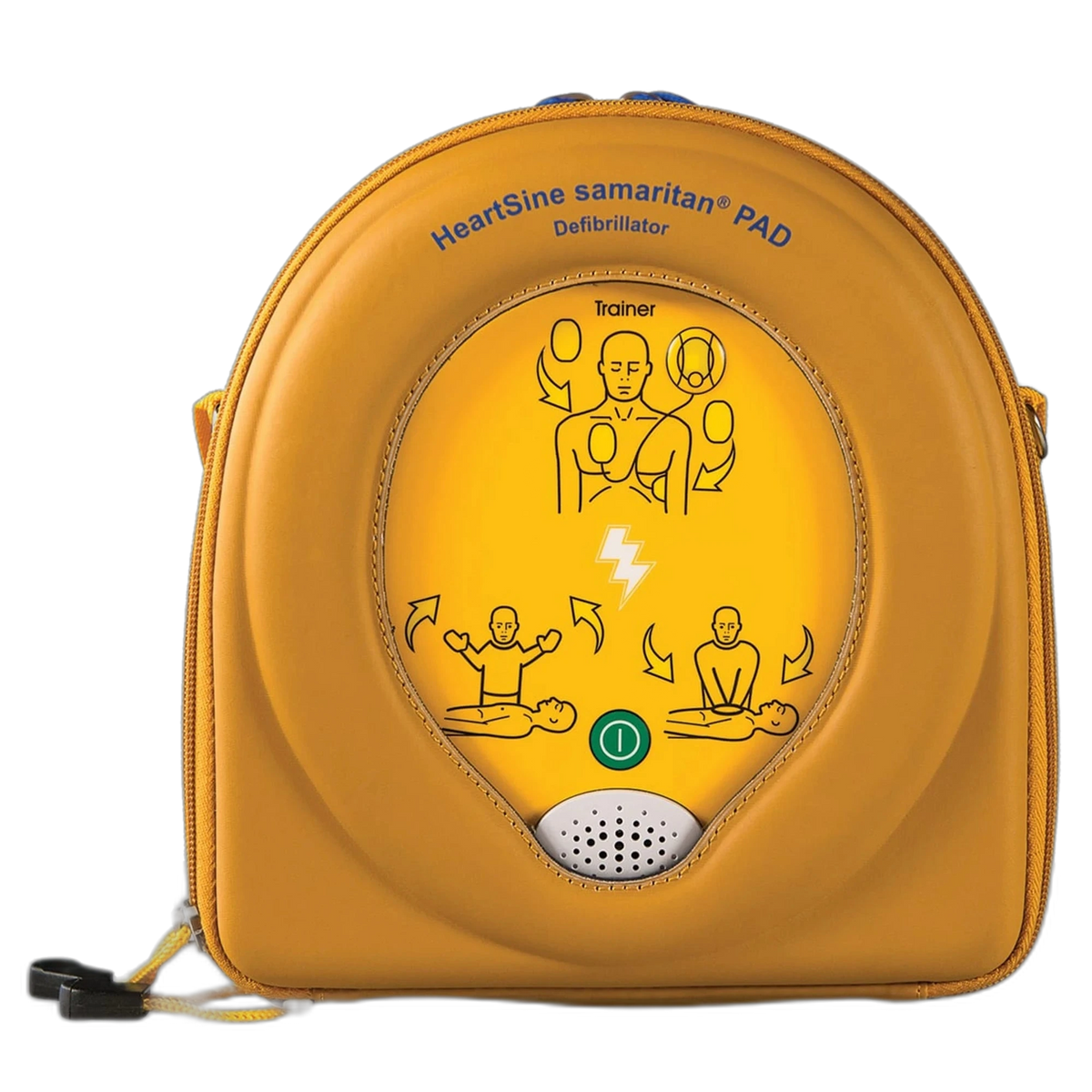HeartSine 350P Training System yellow carry case with HeartSine samaritan PAD Defibrillator Trainer branding