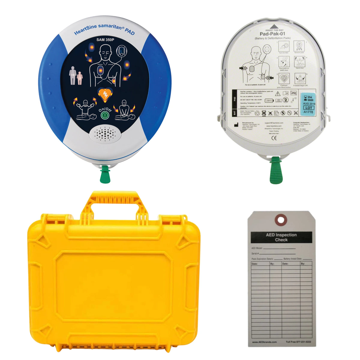 HeartSine Samaritan PAD 350P AED value package contents grid: round defibrillator, Pad-Pak-01 battery and pad cartridge, yellow hard carrying case, and AED inspection tag