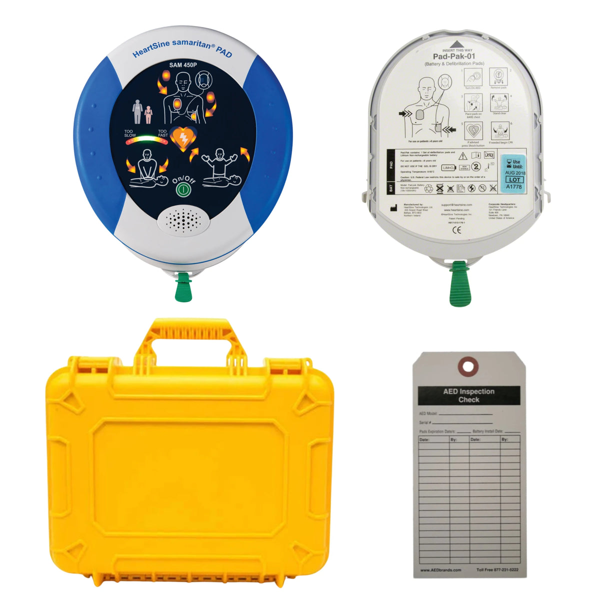 HeartSine Samaritan PAD 450P AED value package contents grid: round defibrillator with CPR rate indicator, Pad-Pak-01 battery and pad cartridge, yellow hard carrying case, and AED inspection tag