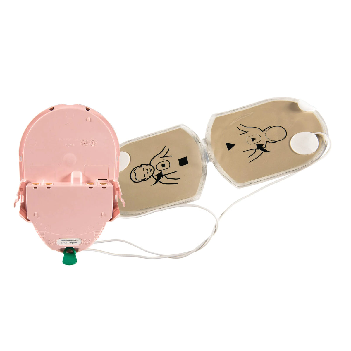 HeartSine Pad-Pak-02 pediatric cartridge shown open beside its two tan child/infant electrode pads printed with placement icons and connecting wires