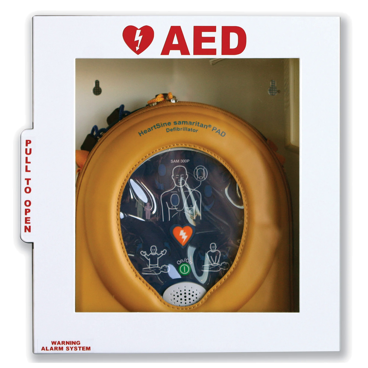 HeartSine brand custom AED cabinet with alarm, white cabinet with red AED heart logo, PULL TO OPEN side label, and a HeartSine samaritan PAD inside