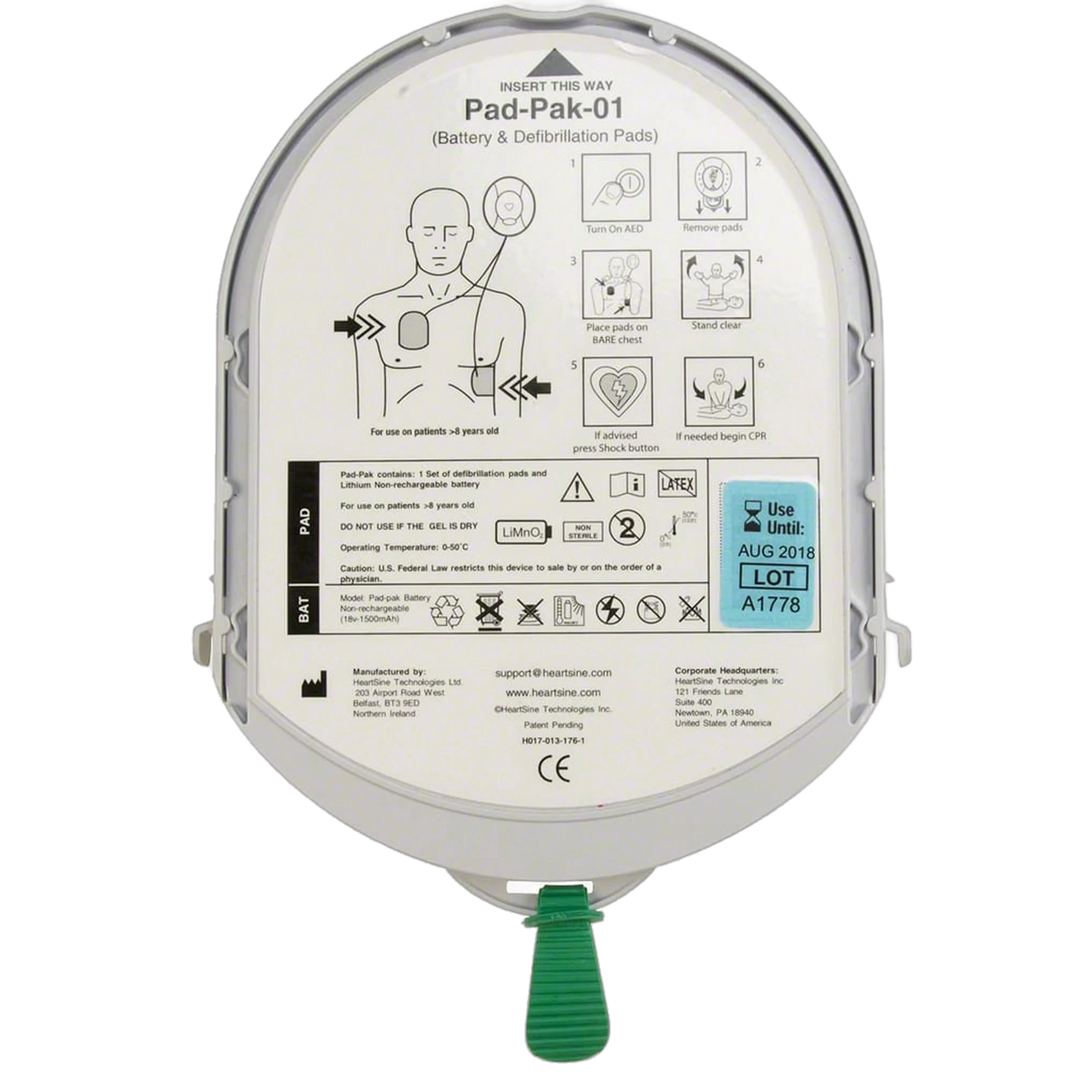 HeartSine Pad-Pak-01 adult combination pad and battery cartridge, gray oval unit with printed application instructions and adult torso pad placement diagram
