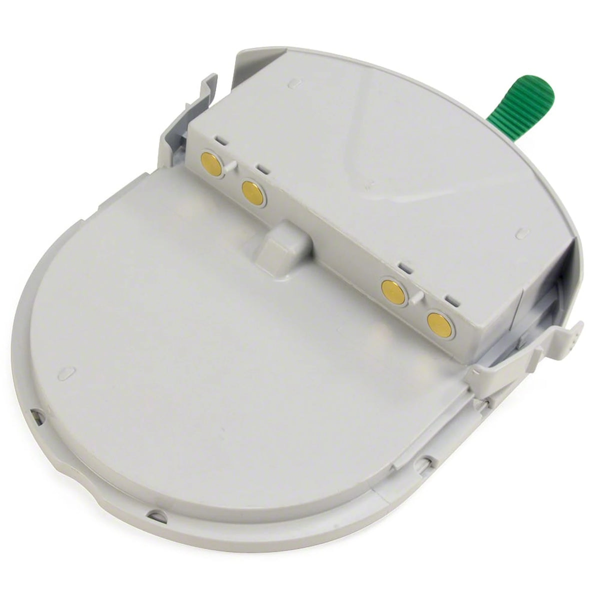 HeartSine Samaritan Pad-Pak cartridge, angled underside view showing the gold connector contacts and green activation pull-tab