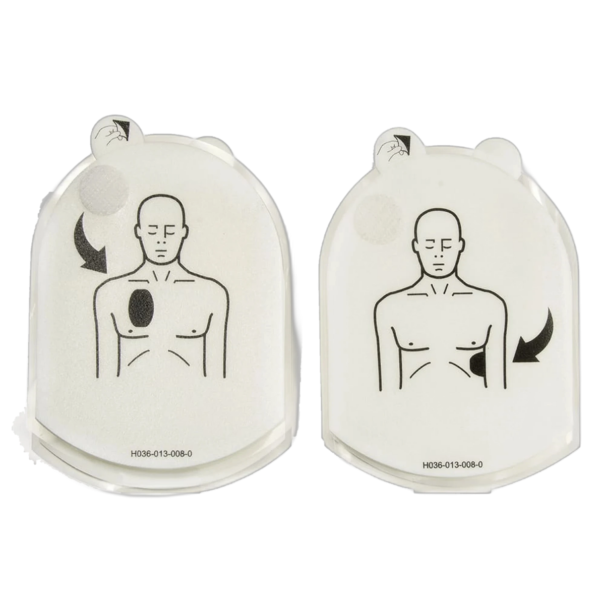 HeartSine trainer defibrillation pads showing chest and neck placement diagrams