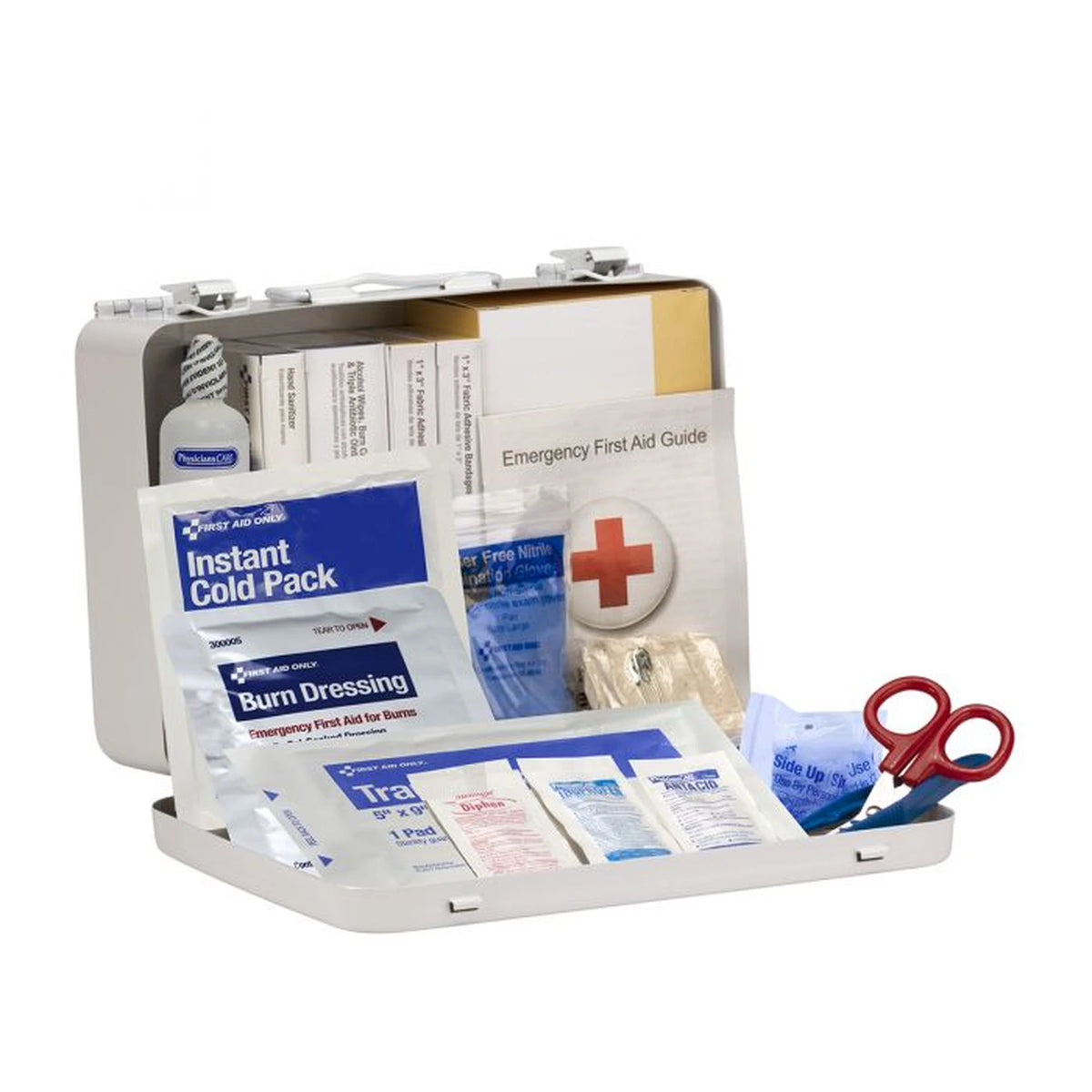 First Aid Only Heavy Duty Vehicle First Aid Kit, angled view of the open metal case showing the same supply layout with scissors and trauma pad in the foreground