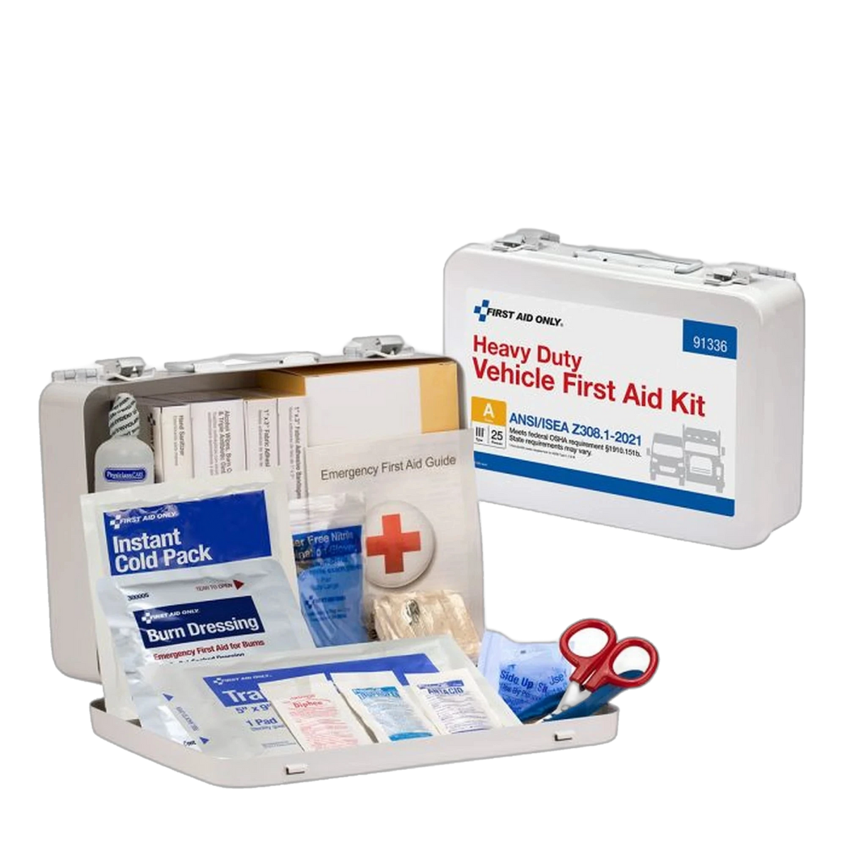 First Aid Only Heavy Duty Vehicle First Aid Kit, open metal case showing eyewash bottle, hand sanitizer, bandage boxes and Emergency First Aid Guide beside the closed white metal case labeled 91336 with ANSI/ISEA Z308.1-2021 Class A badge and truck icon