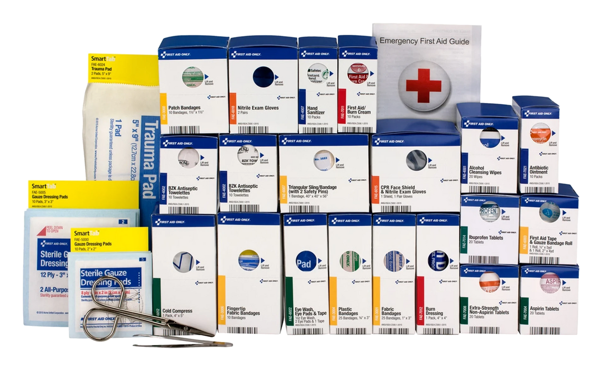 Large SmartCompliance refill pack contents: trauma pad, gauze, first aid guide, and labeled refill boxes
