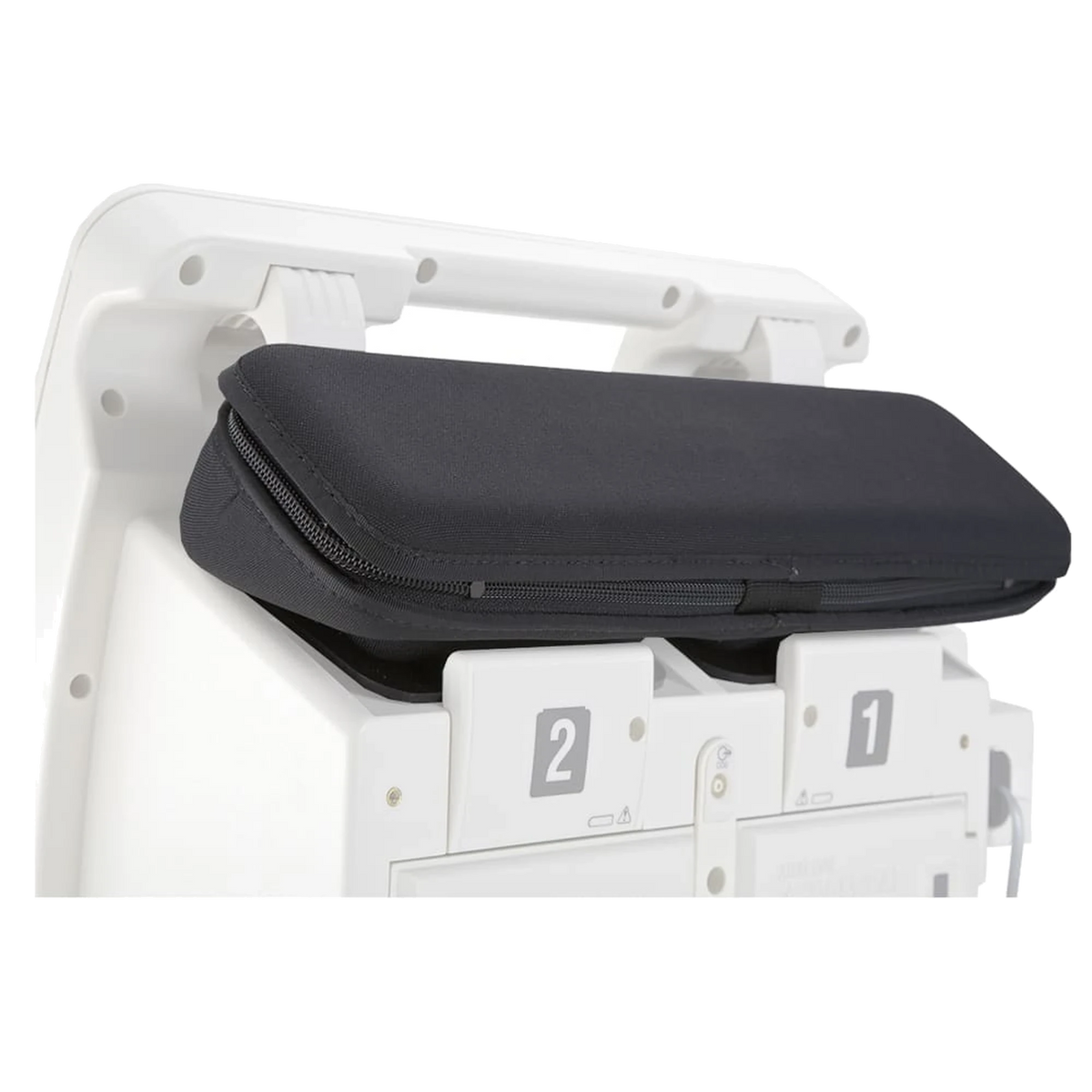 Black LIFEPAK 12/15 top storage pouch mounted on top of the monitor