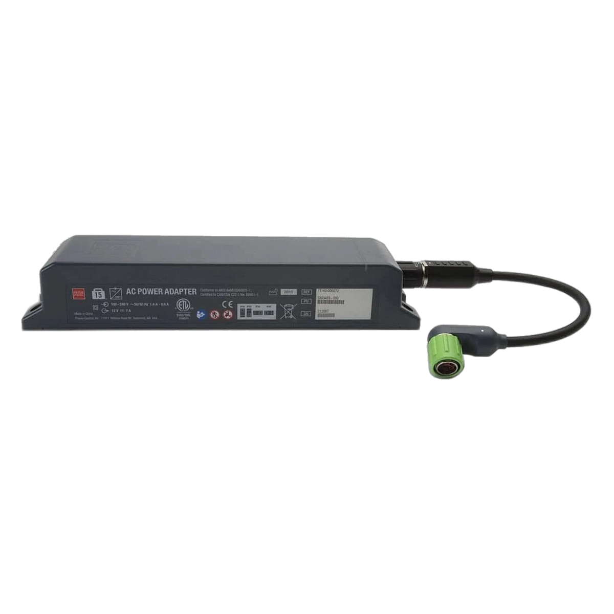 LIFEPAK 15 AC power adapter, dark gray power brick with green-tipped connector cable
