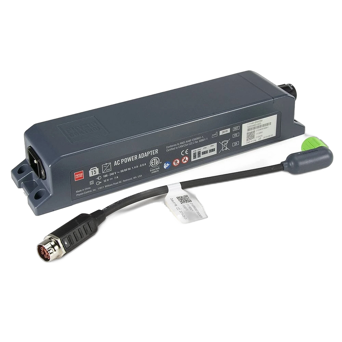 LIFEPAK 15 DC power adapter, dark gray power brick with round connector cable