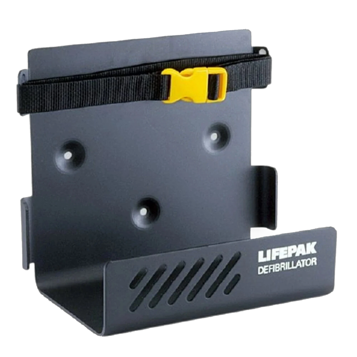 LIFEPAK AED wall mount bracket, dark gray metal bracket with black strap and yellow buckle, LIFEPAK DEFIBRILLATOR printed on the base