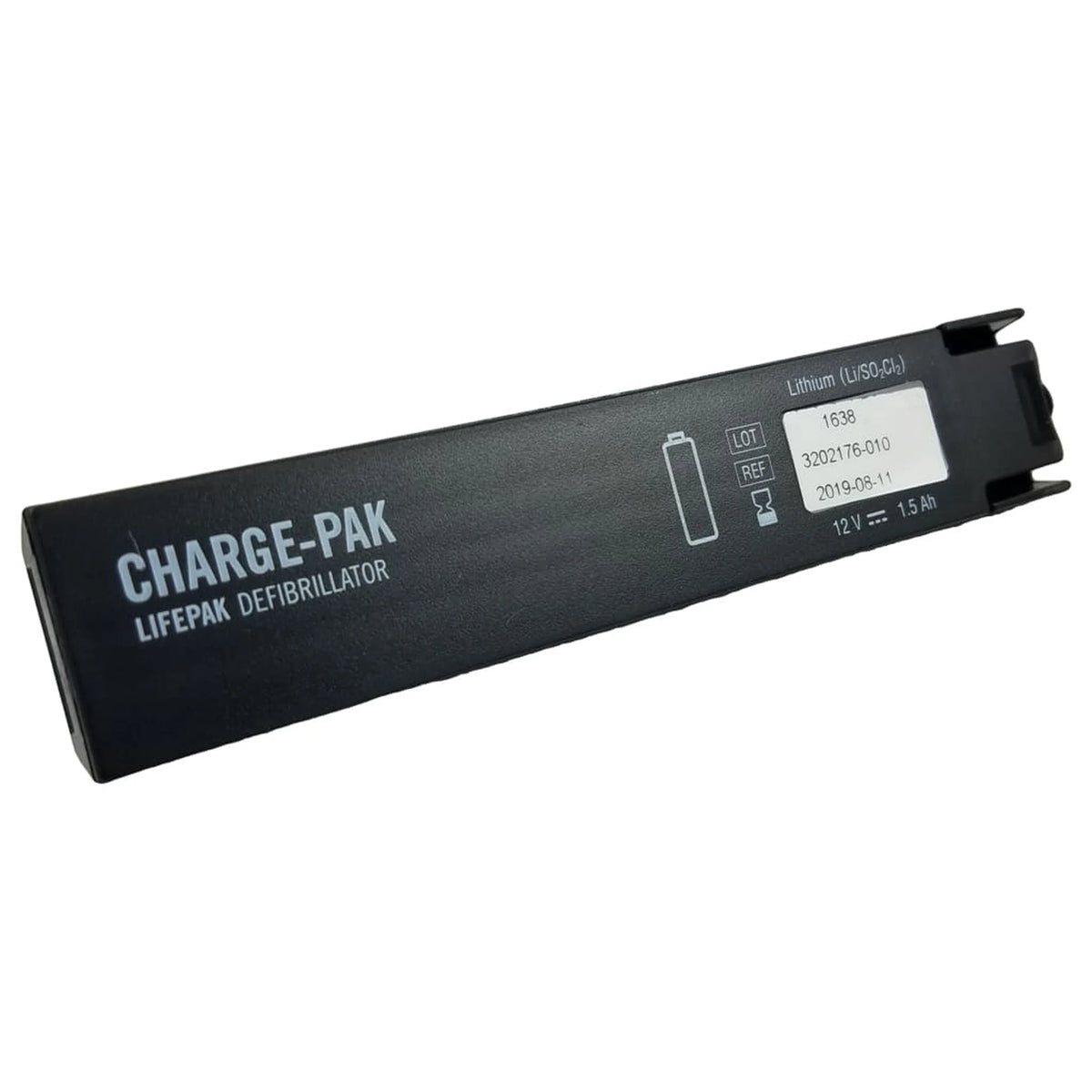 Physio-Control CHARGE-PAK battery for LIFEPAK CR Plus defibrillator, black rectangular non-rechargeable lithium battery module with printed label