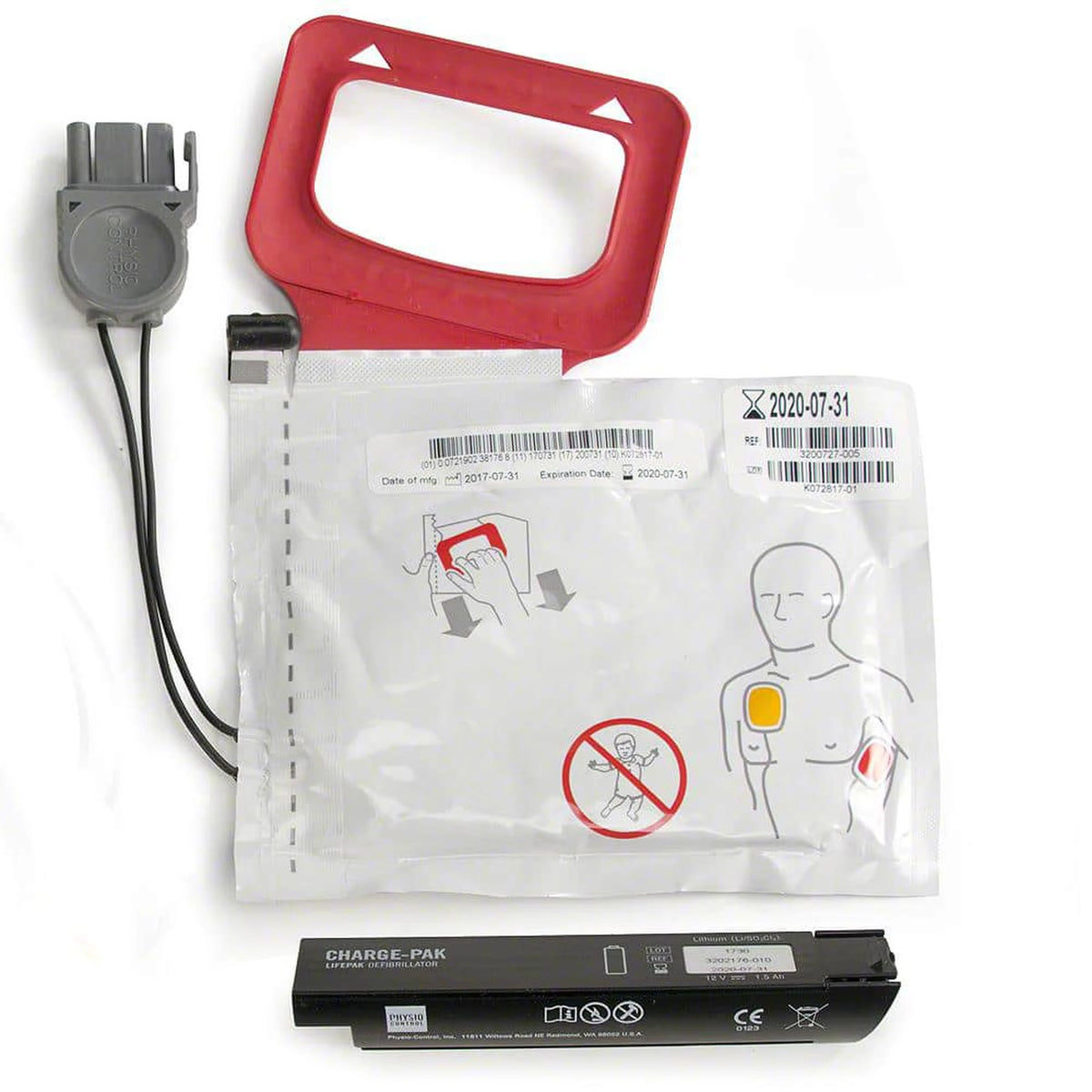Physio-Control LIFEPAK CR Plus replacement kit, red carrying handle attached to a sealed adult defibrillation electrode pad pouch with a gray connector and a black CHARGE-PAK battery beside it