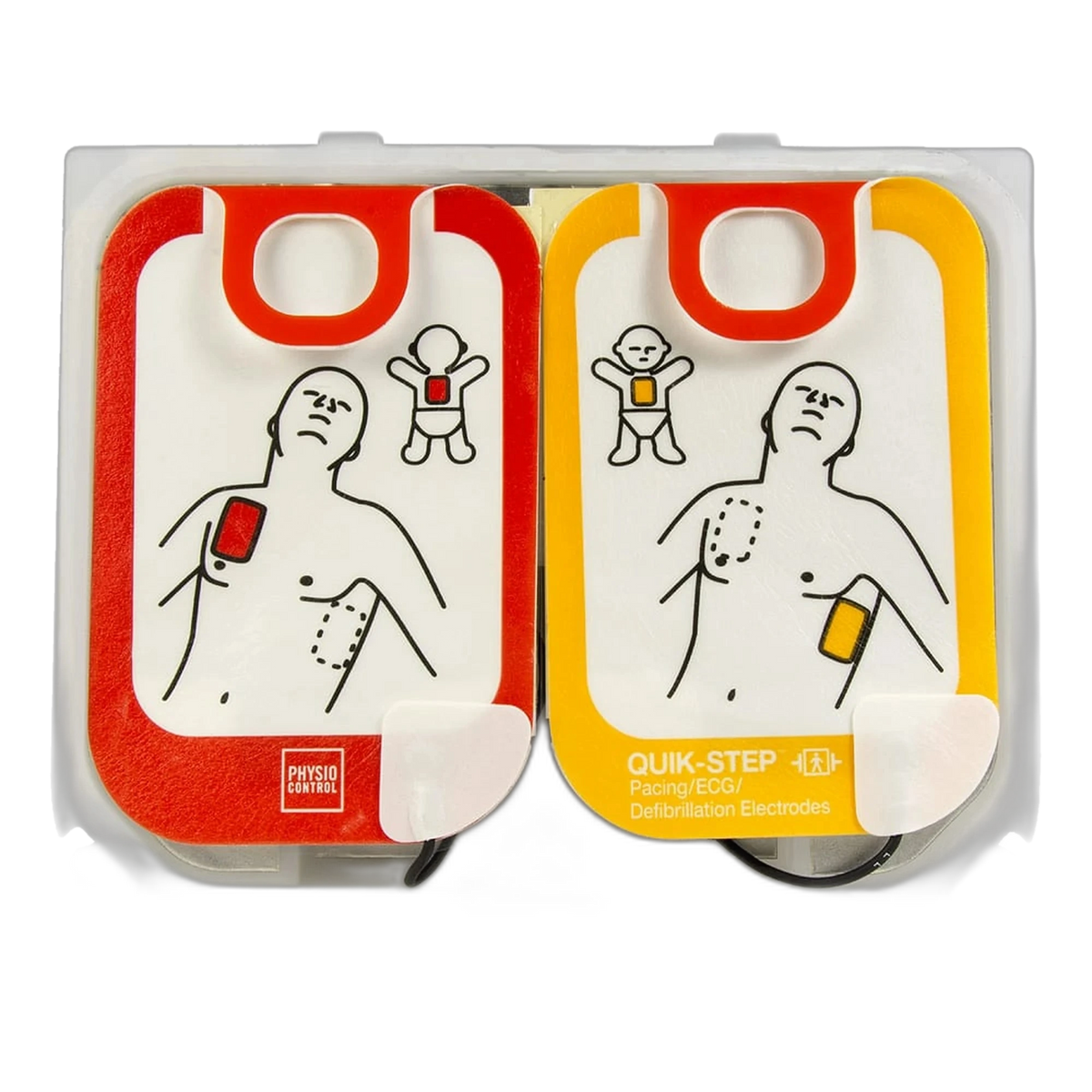 Physio-Control LIFEPAK CR2 Quik-Step adult/child electrode pads, two pads in packaging tray, one with a red border showing infant pad placement and one with a yellow border showing adult pad placement