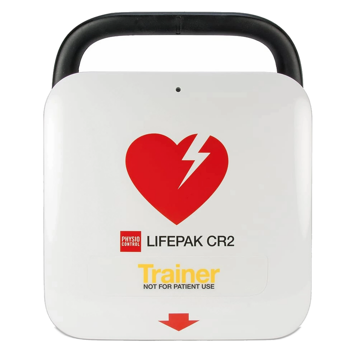 Physio-Control LIFEPAK CR2 AED Trainer, closed white case with Trainer label, front view