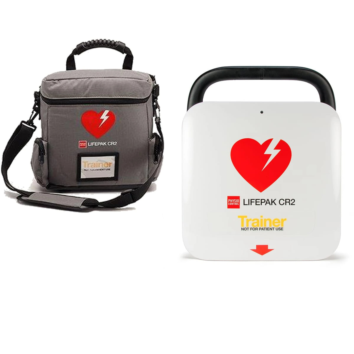 Physio-Control LIFEPAK CR2 AED Trainer in its gray carry bag, beside the closed unit