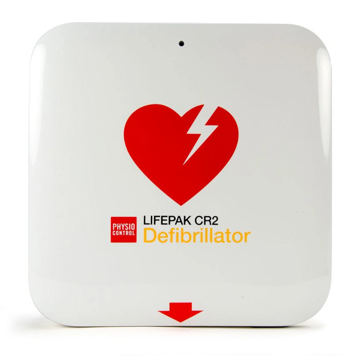 Physio-Control LIFEPAK CR2 defibrillator, closed white case, front view