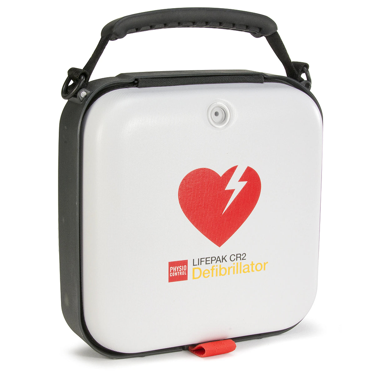Physio-Control LIFEPAK CR2 defibrillator in its shoulder carry bag, angled 3/4 view