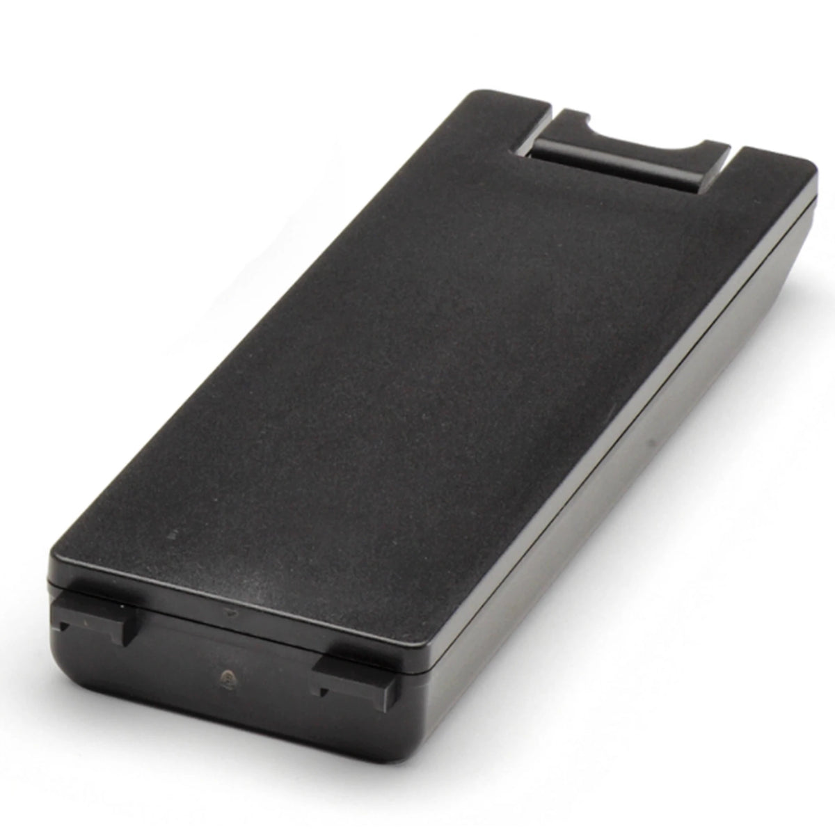 Physio-Control LIFEPAK CR2 battery, angled rear view showing the plain black case and connector notches without the label visible