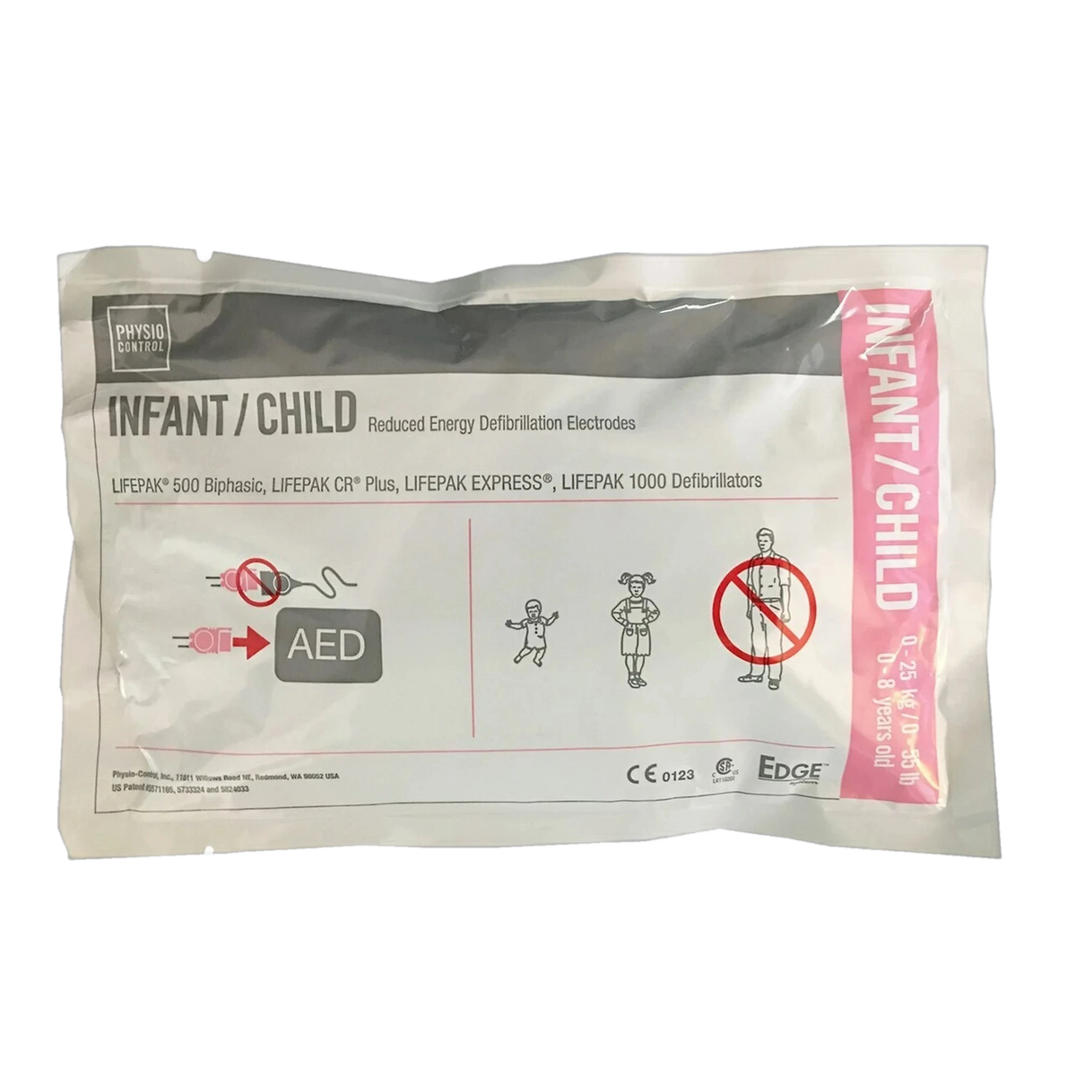 Physio-Control Infant/Child Reduced Energy Defibrillation Electrodes package, sealed pouch labeled for LIFEPAK 500 Biphasic, LIFEPAK CR Plus, LIFEPAK EXPRESS and LIFEPAK 1000 defibrillators, with a pink "Infant/Child" side tab