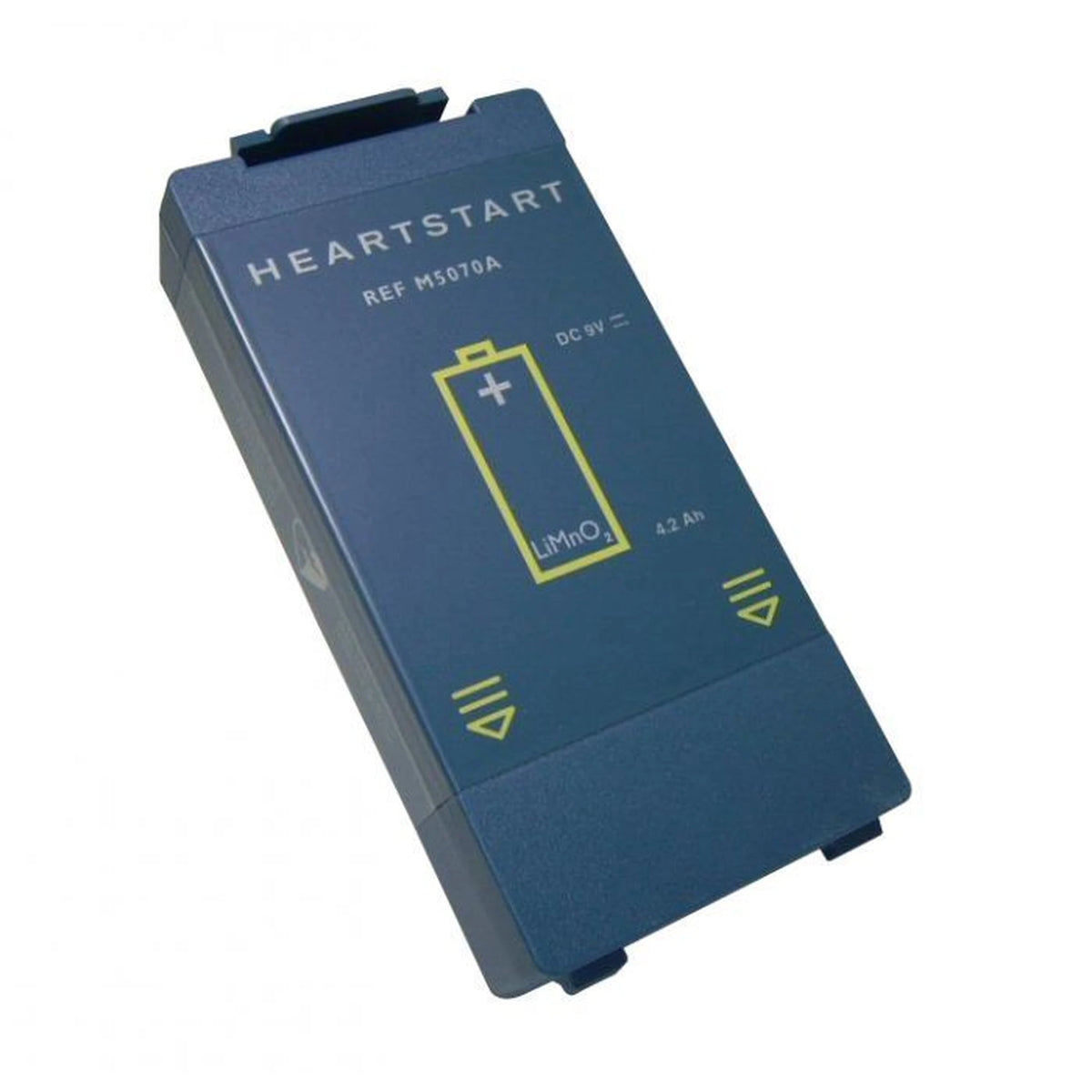 Philips HeartStart M5070A battery, angled view of the blue rectangular case showing REF M5070A and the LiMnO2 4.2Ah label