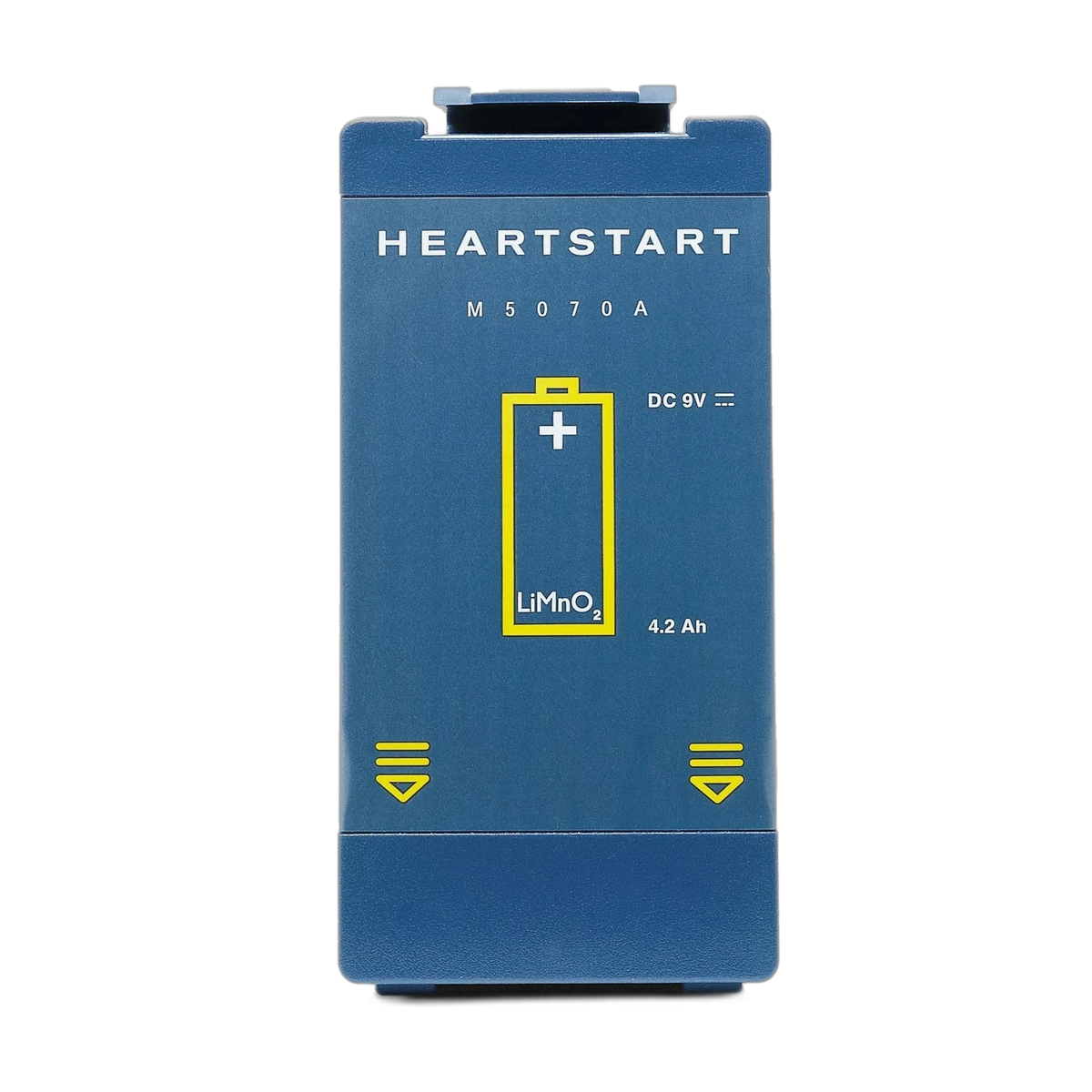 Philips HeartStart M5070A battery, blue rectangular non-rechargeable 9V lithium battery labeled DC 9V, 4.2Ah LiMnO2, front view