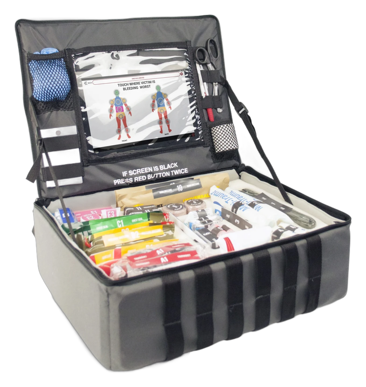 Mobilize MOBILE rescue system open, showing its integrated tablet screen and organized supplies