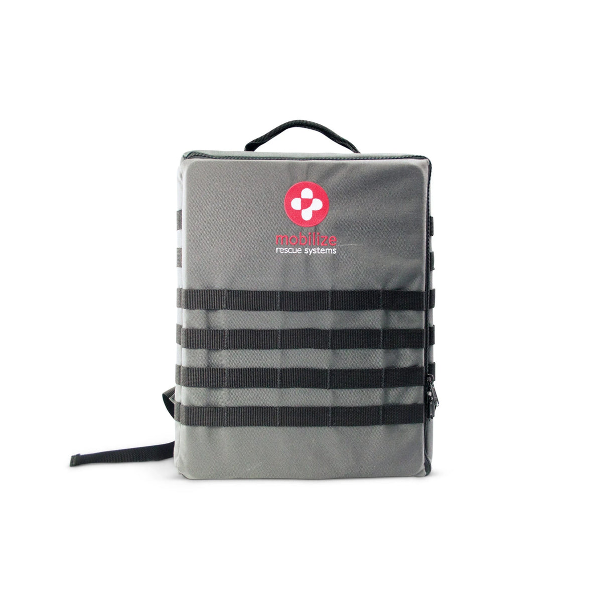 Mobilize MOBILE rescue system, gray backpack case with Mobilize logo, front view