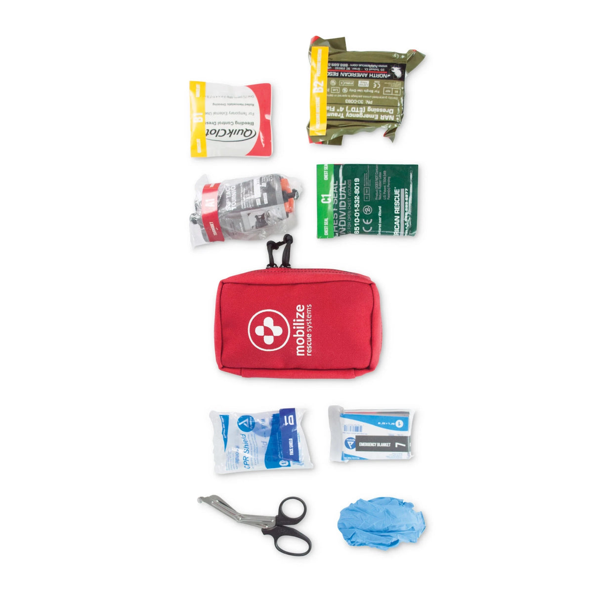 Mobilize UTILITY kit contents: QuikClot dressing, tourniquet, chest seal, shears, gloves, and red pouch