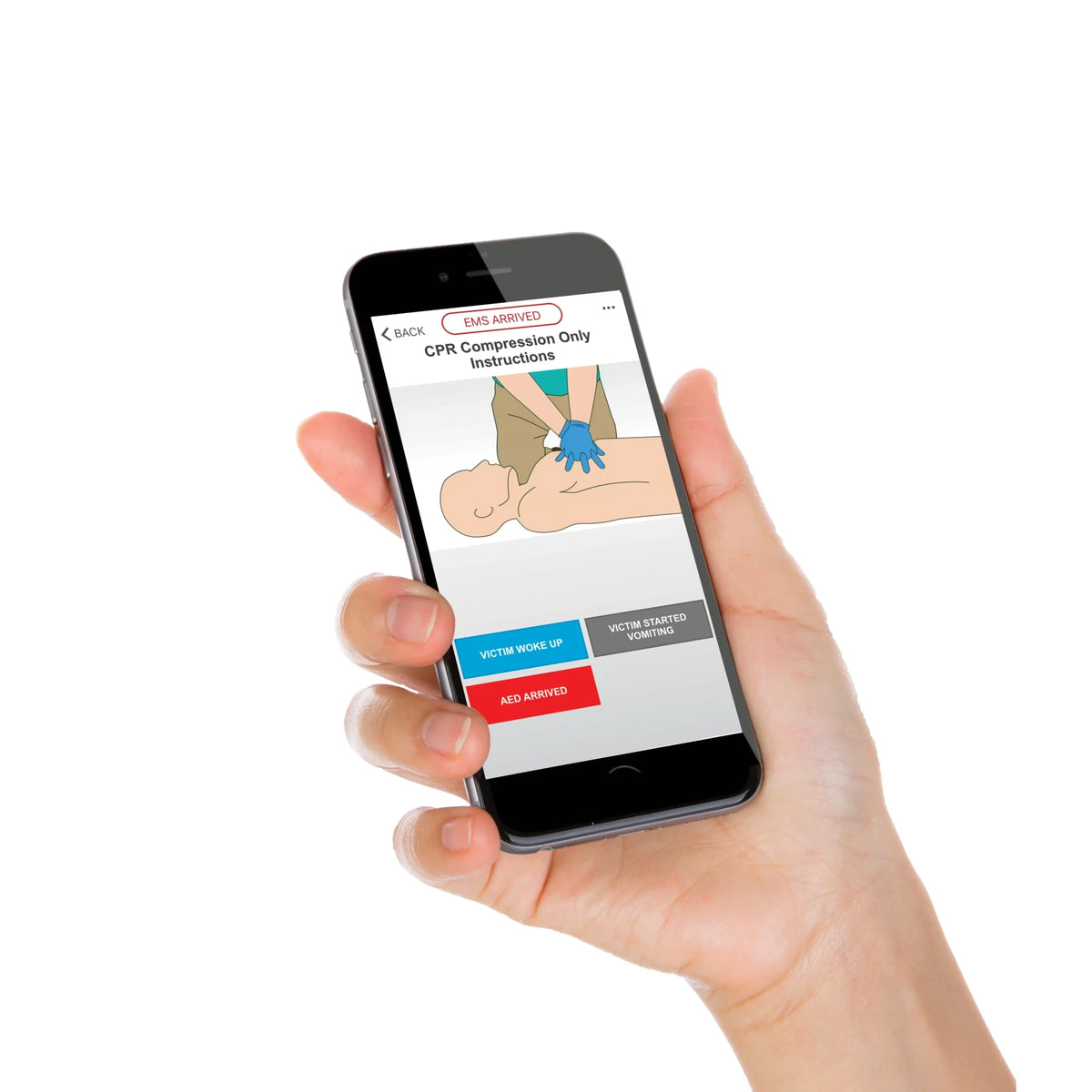 Hand holding a phone showing the Mobilize app CPR compression instructions