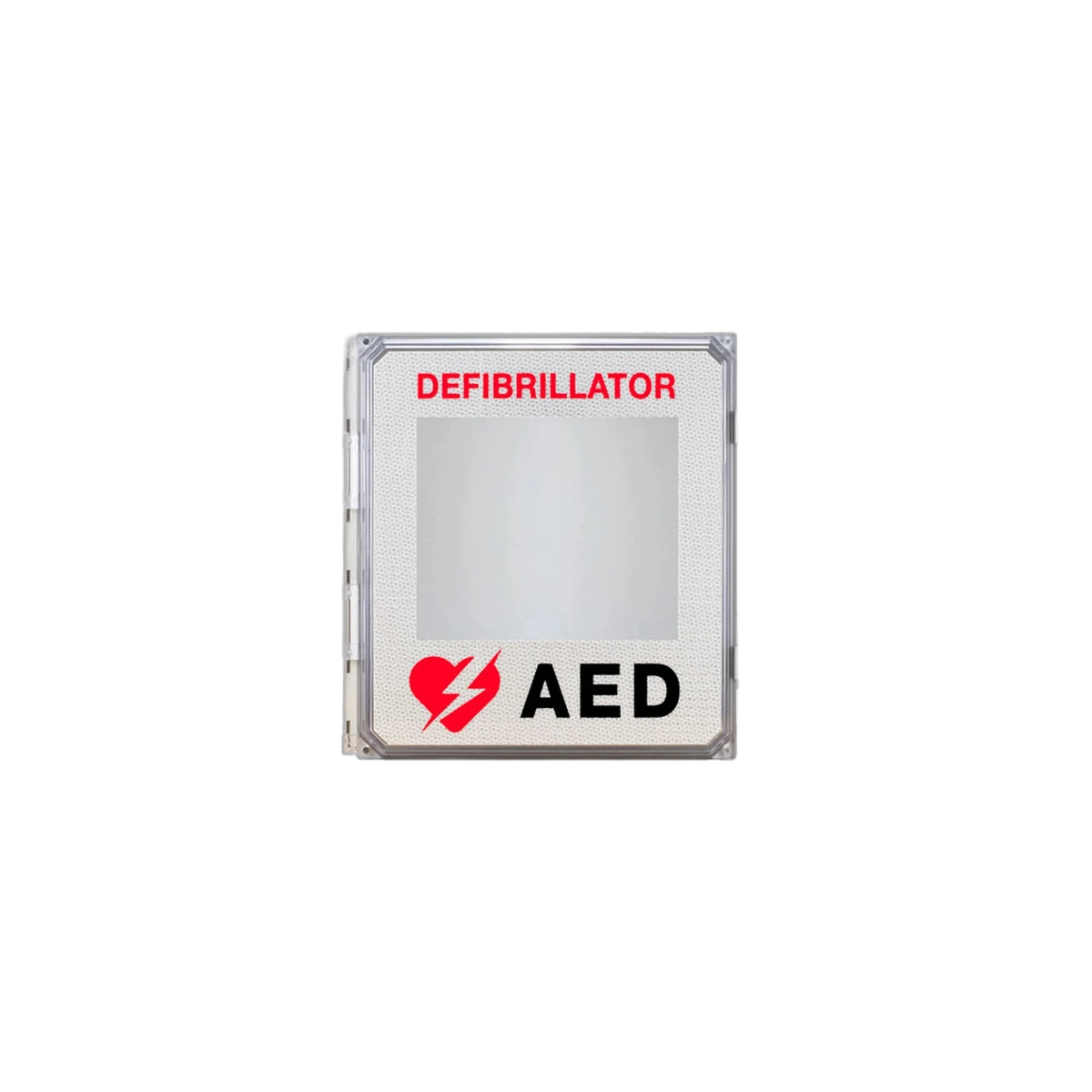 Outdoor AED wall cabinet, white fiberglass enclosure with clear polycarbonate door printed DEFIBRILLATOR and the AED heart/lightning-bolt logo
