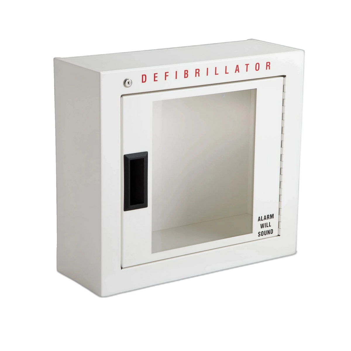 Philips brand basic AED wall cabinet, white steel with clear window, black handle, DEFIBRILLATOR and ALARM WILL SOUND lettering