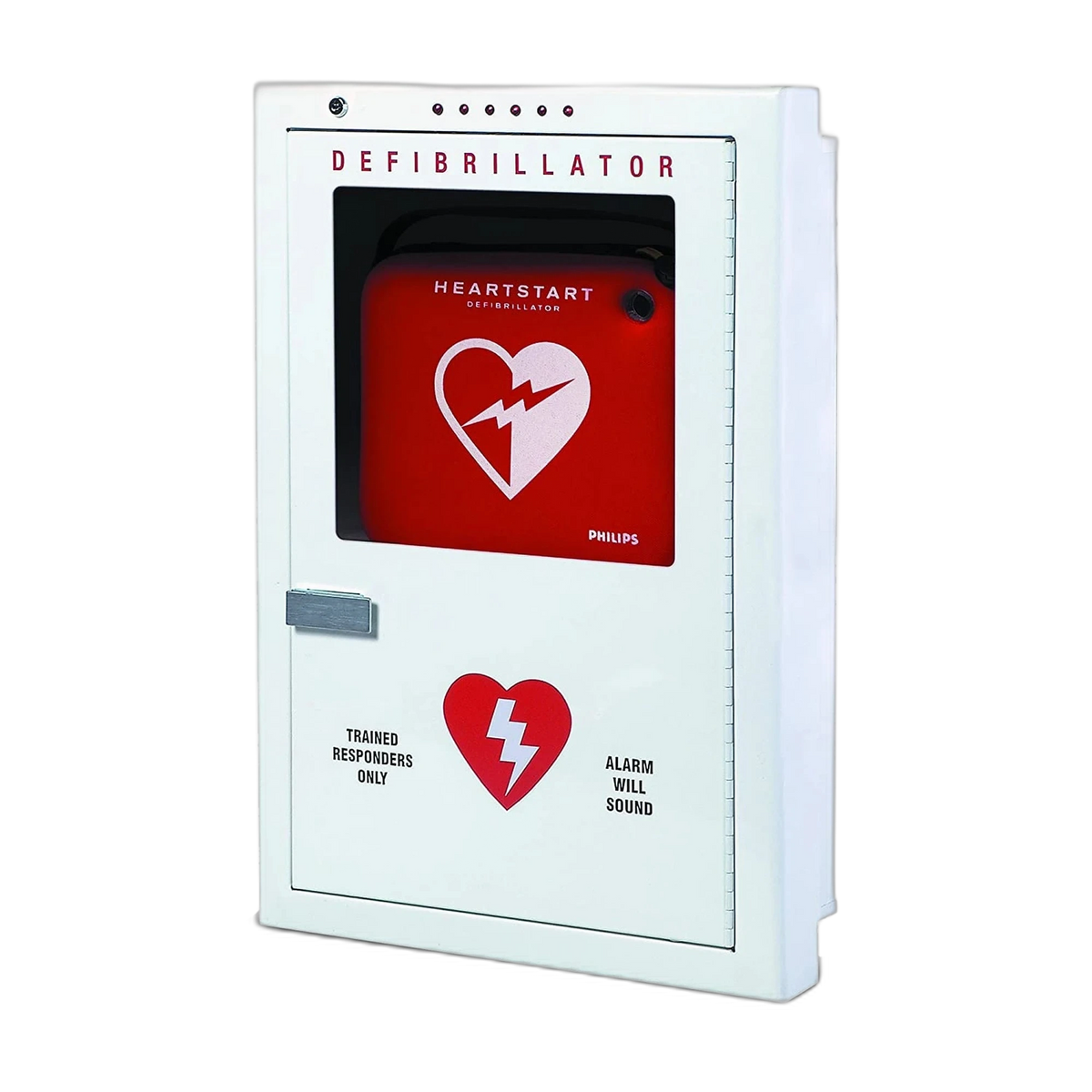 Philips brand premium semi-recessed AED cabinet, white cabinet with a red HeartStart AED behind the window, TRAINED RESPONDERS ONLY and ALARM WILL SOUND labels