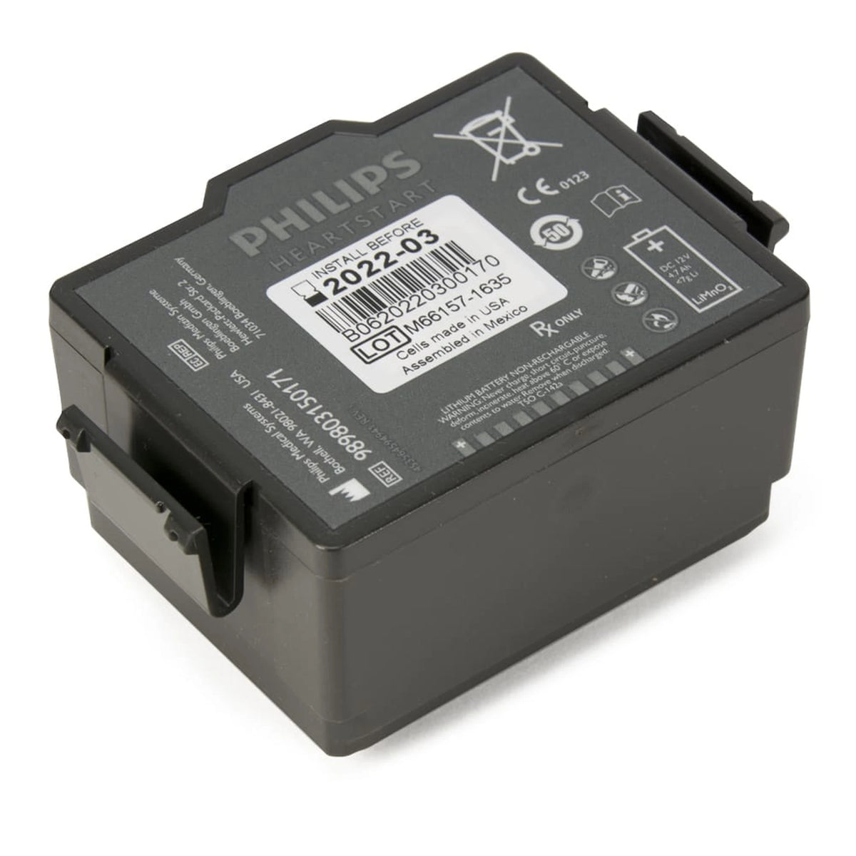 Philips HeartStart FR3 battery, dark gray rectangular non-rechargeable lithium battery pack labeled Install Before 2022-03, DC 12V 4.7Ah LiMnO2