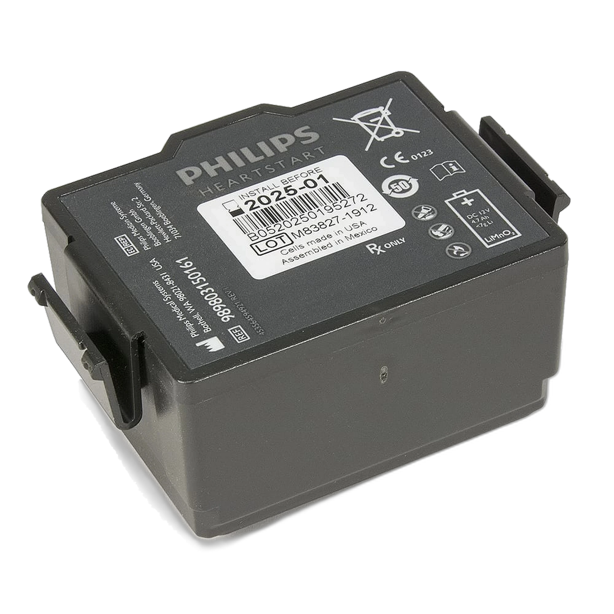 Philips HeartStart FR3 battery, dark gray rectangular non-rechargeable lithium battery pack labeled Install Before 2025-01, DC 12V 4.7Ah LiMnO2