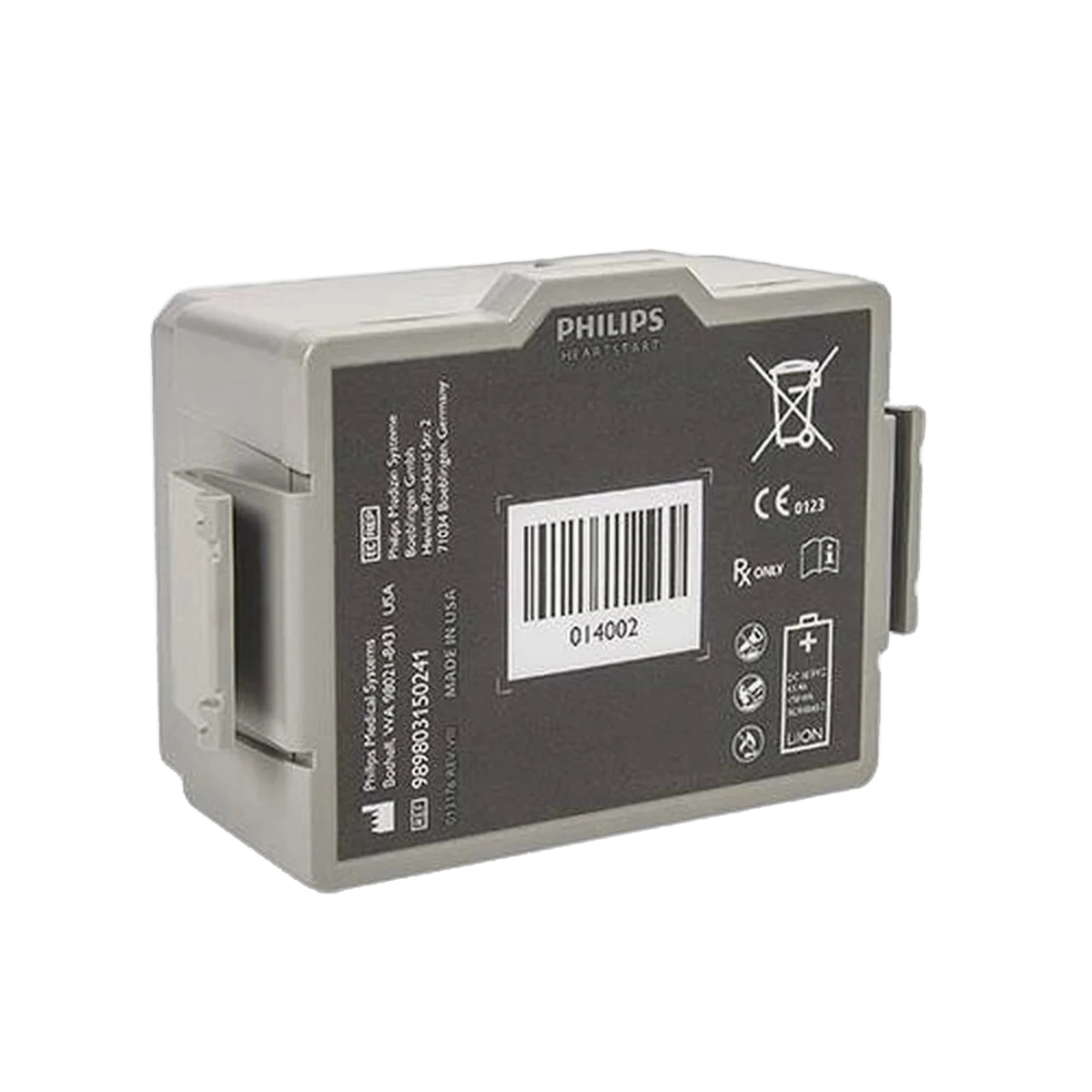 Philips HeartStart FR3 rechargeable Li-ion battery, gray rectangular pack with black label reading Philips HeartStart, Li-ion, made in USA