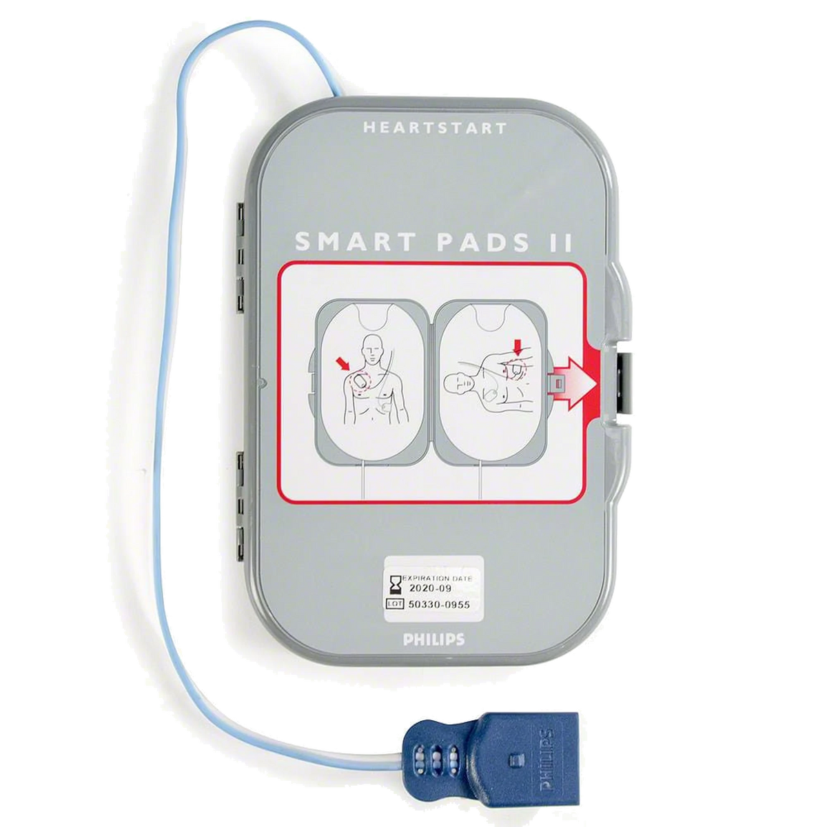 Philips HeartStart FRx Smart Pads II package, gray plastic clamshell cartridge printed with adult and infant pad placement diagrams and a blue connector cable