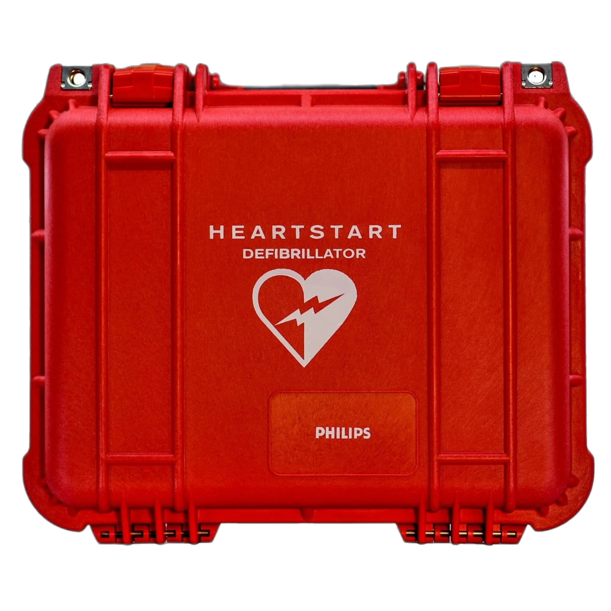 Philips hard shell carry case, red waterproof case with HeartStart Defibrillator heart logo and PHILIPS label