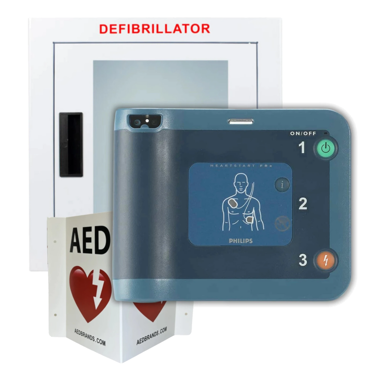 Philips HeartStart FRx AED value package, dark blue-gray FRx defibrillator with pad-placement diagram screen, in front of a wall-mounted Defibrillator cabinet and AED wall sign