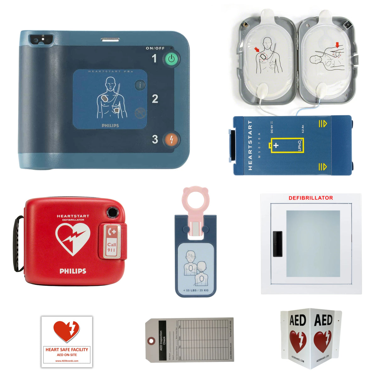 Philips HeartStart FRx AED value package contents grid: FRx defibrillator, adult SMART pads cartridge, M5070A battery, red slim carrying case, pink Infant/Child key, wall cabinet, inspection tag, and AED wall sign