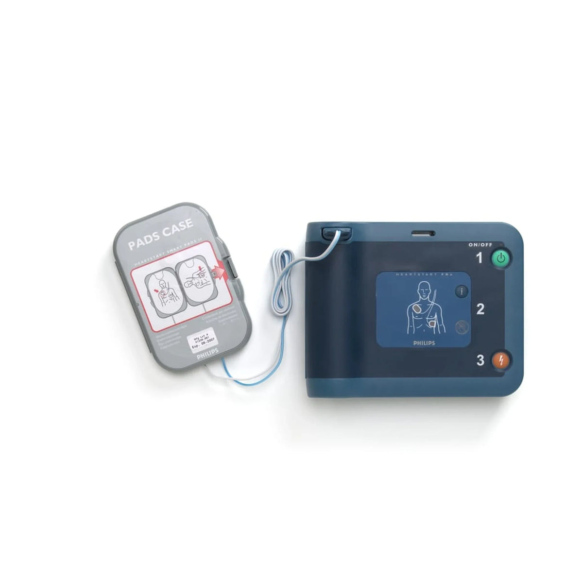 Philips HeartStart FRx AED top-down view with the Smart Pads II cartridge attached