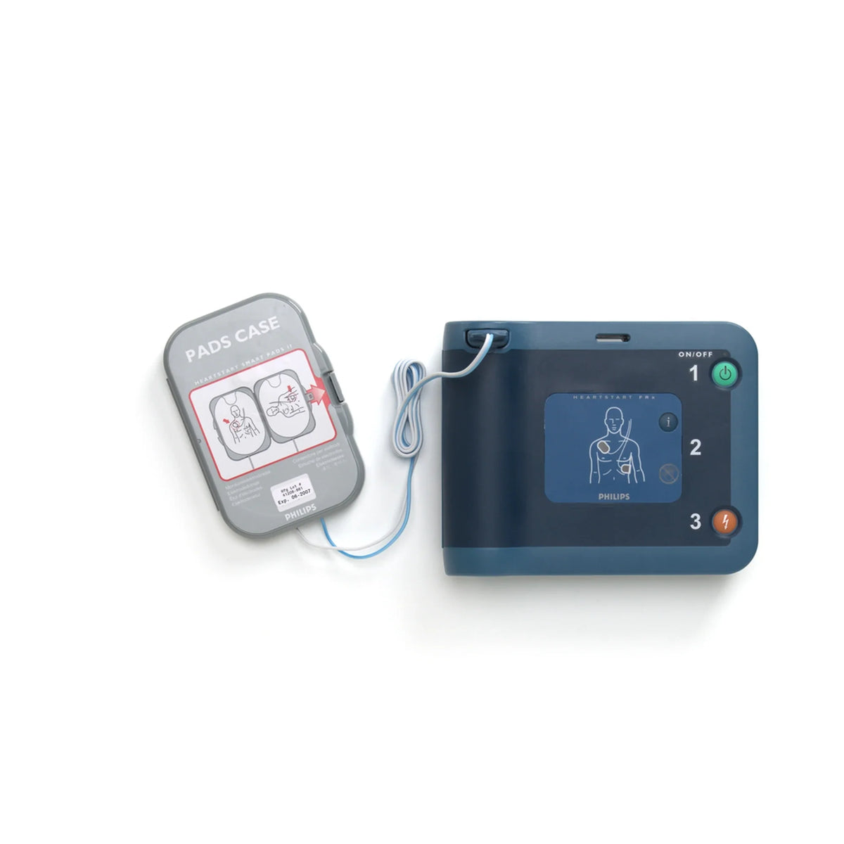 Philips HeartStart FRx AED unit with its Smart Pads II cartridge, top-down view