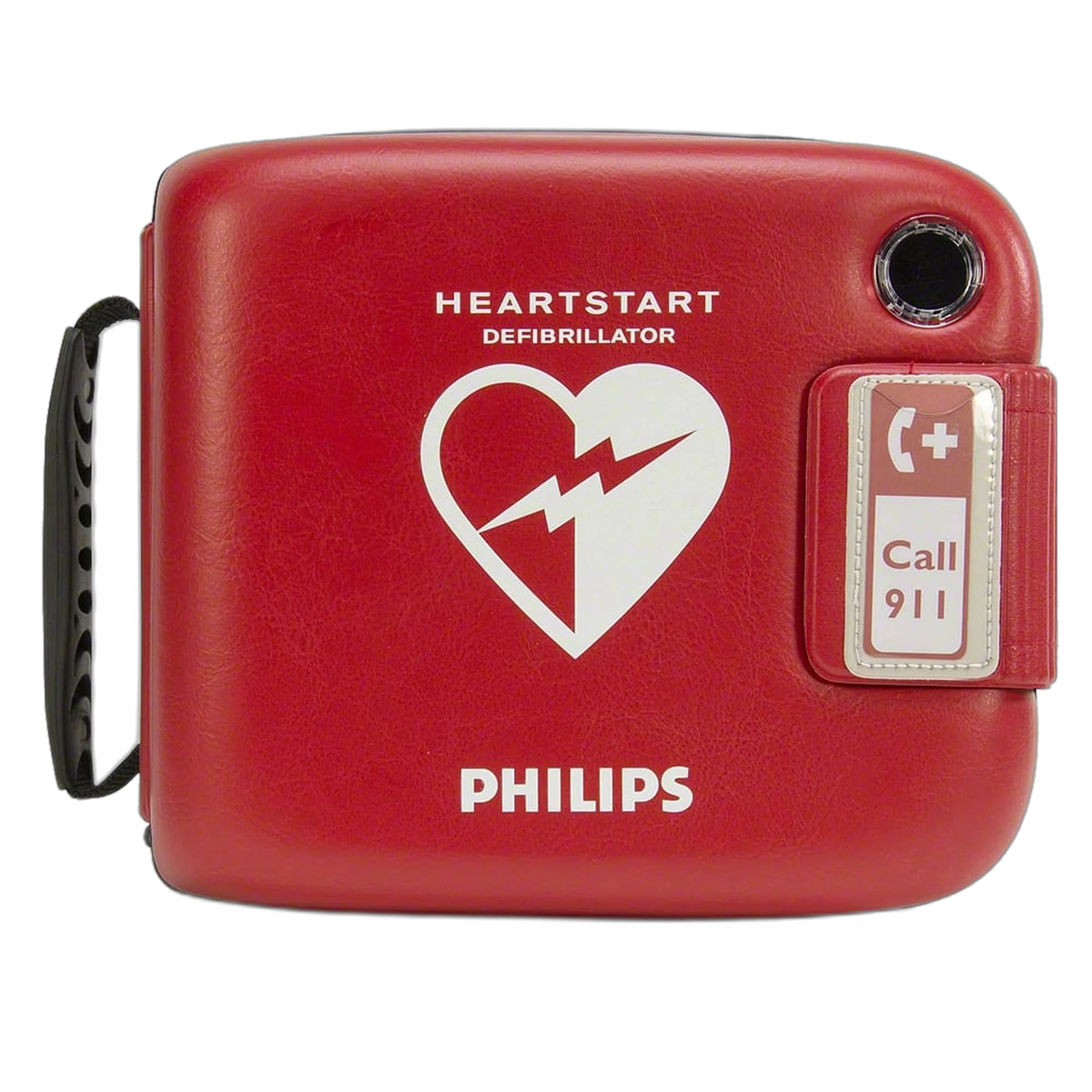 Philips HeartStart FRx carry case, red semi-rigid case with HeartStart heart logo, PHILIPS lettering, and Call 911 pocket, front view
